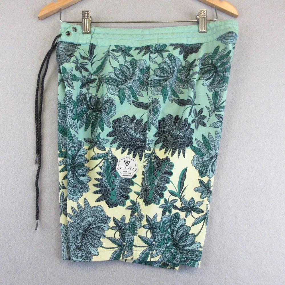 Vissla Board Shorts Mens 29 Teal Cream Floral Coconut Poly Stretch Surf Swim